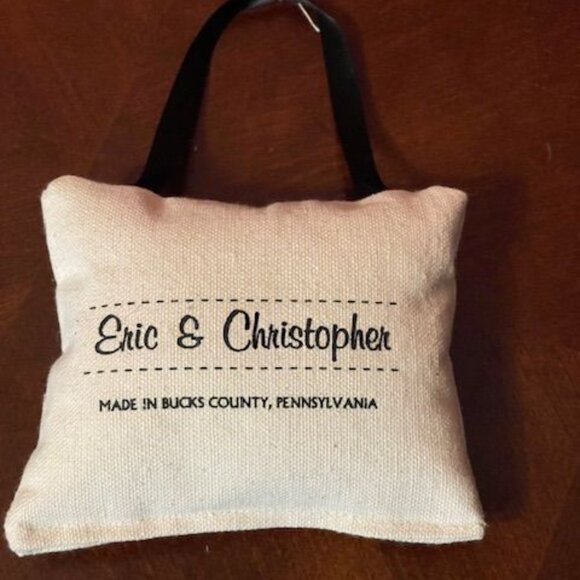 Handcrafted Eric & Christopher Penguin Print Burlap Mini Pillow Ornament Holiday - Picture 2 of 6